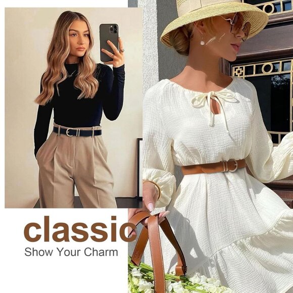 Women's Leather Belts for Jeans Pants Fashion Gold Buckle Ladies Dress Belt - Picture 10 of 16